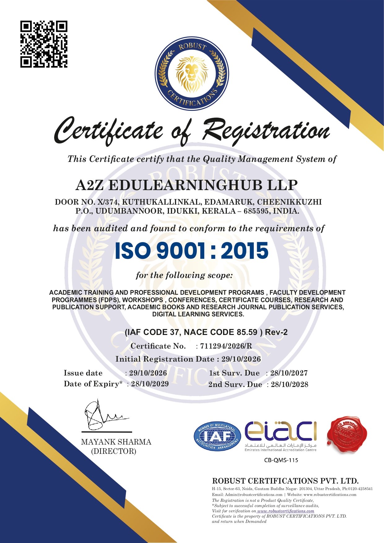 ISO 9001:2015 Certificate of Registration of A2Z EduLearningHub LLP